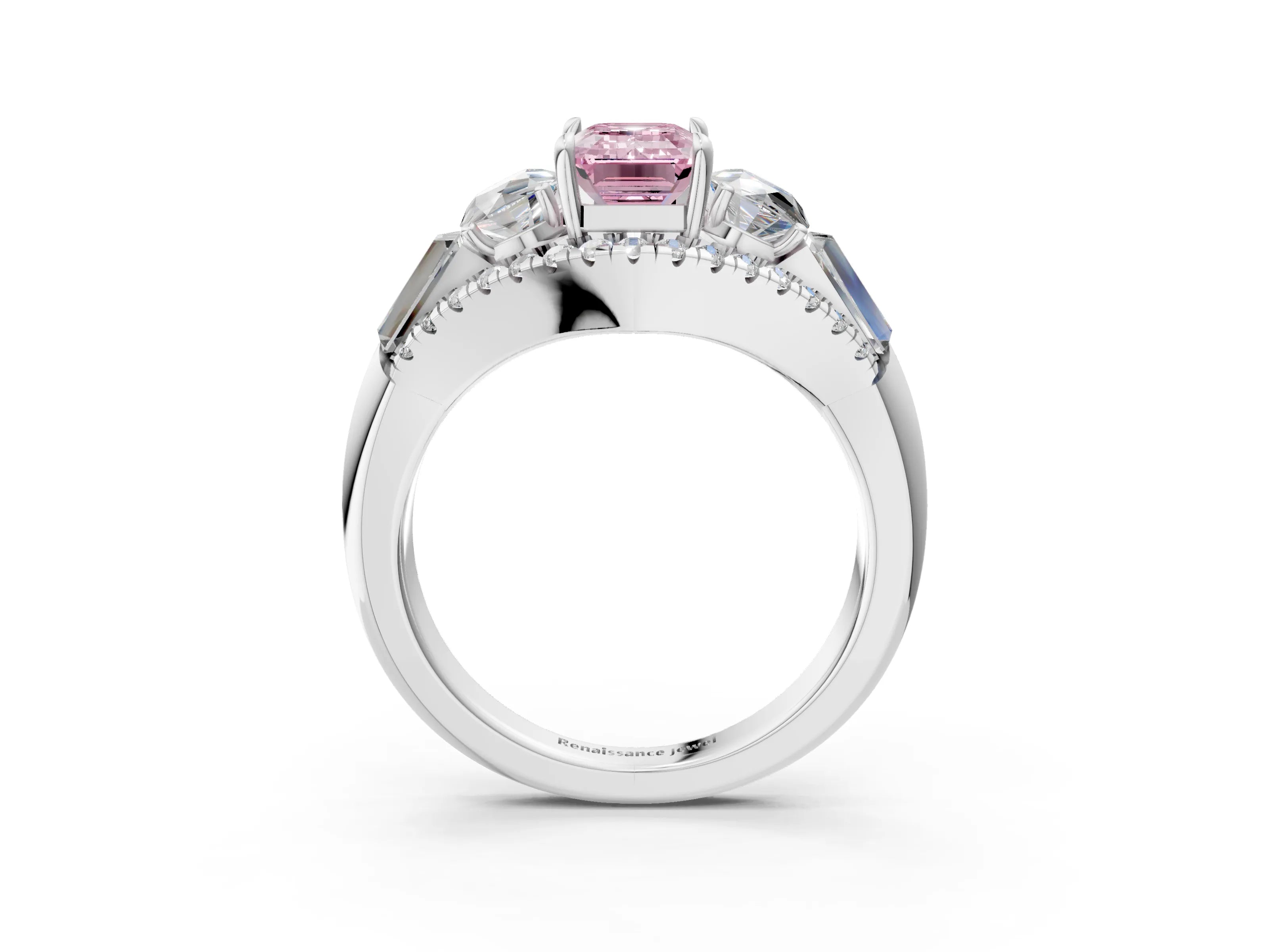 White gold Three-Stone Fancy Pink Emerald Cut Diamond Engagement Ring with Pave Band and Prong Setting_27