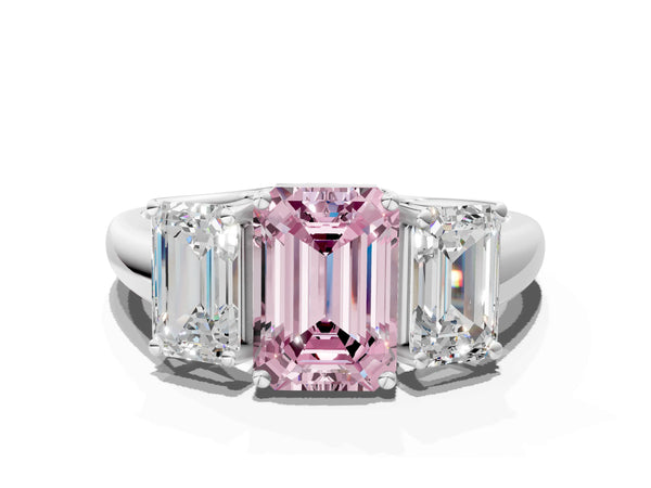 Platinum Three-Stone Fancy Pink Emerald Cut Diamond Engagement Ring with Prong Setting