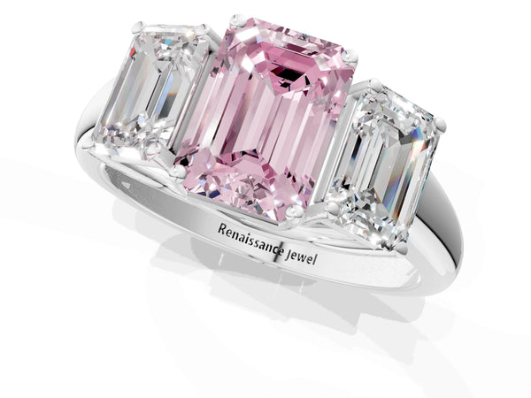 Platinum Three-Stone Fancy Pink Emerald Cut Diamond Engagement Ring with Prong Setting