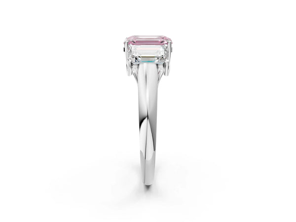 Platinum Three-Stone Fancy Pink Emerald Cut Diamond Engagement Ring with Prong Setting