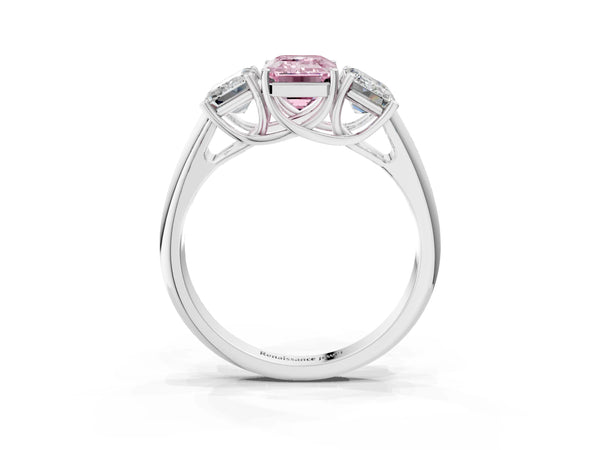 Platinum Three-Stone Fancy Pink Emerald Cut Diamond Engagement Ring with Prong Setting