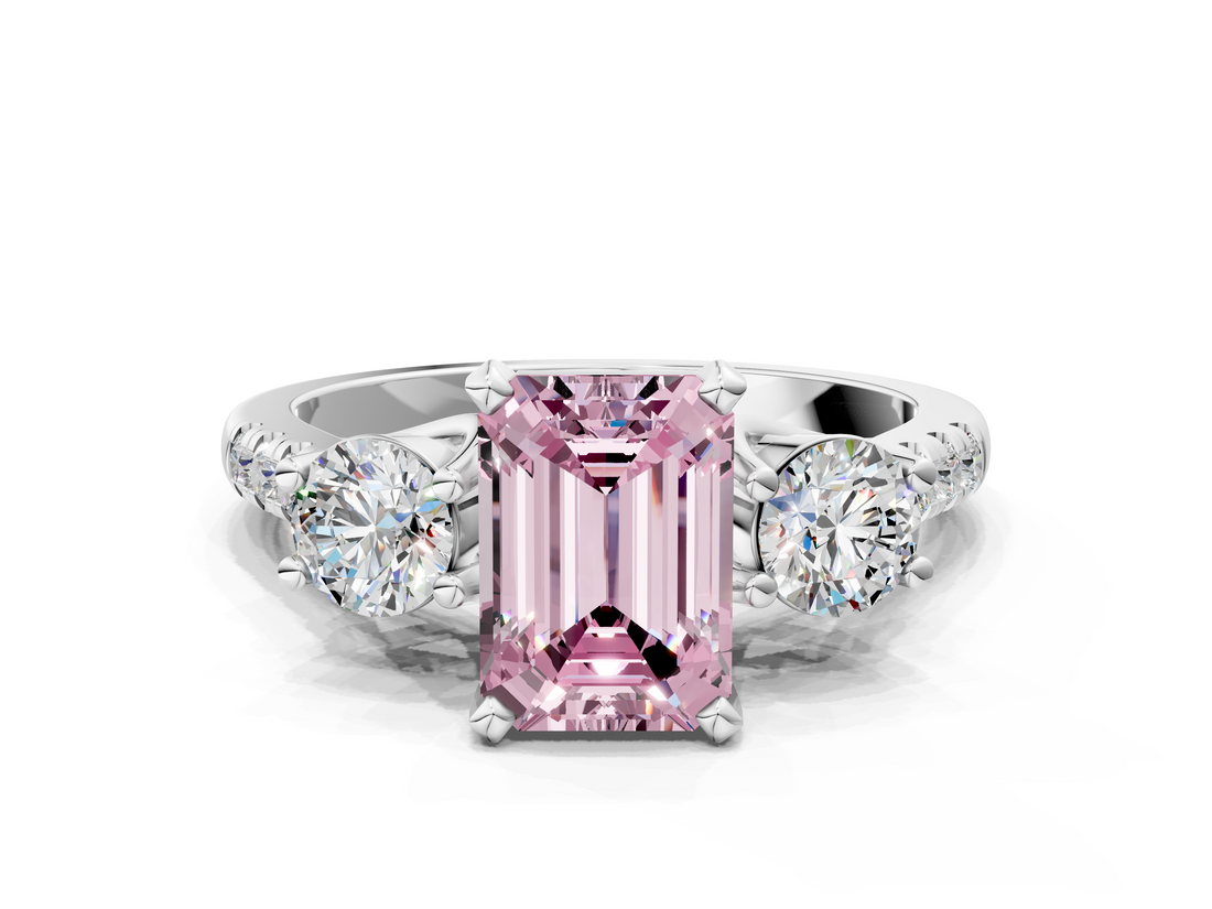 White gold Three-Stone Fancy Pink Emerald  Cut Diamond Pavé Band with Four-Prong Setting_28