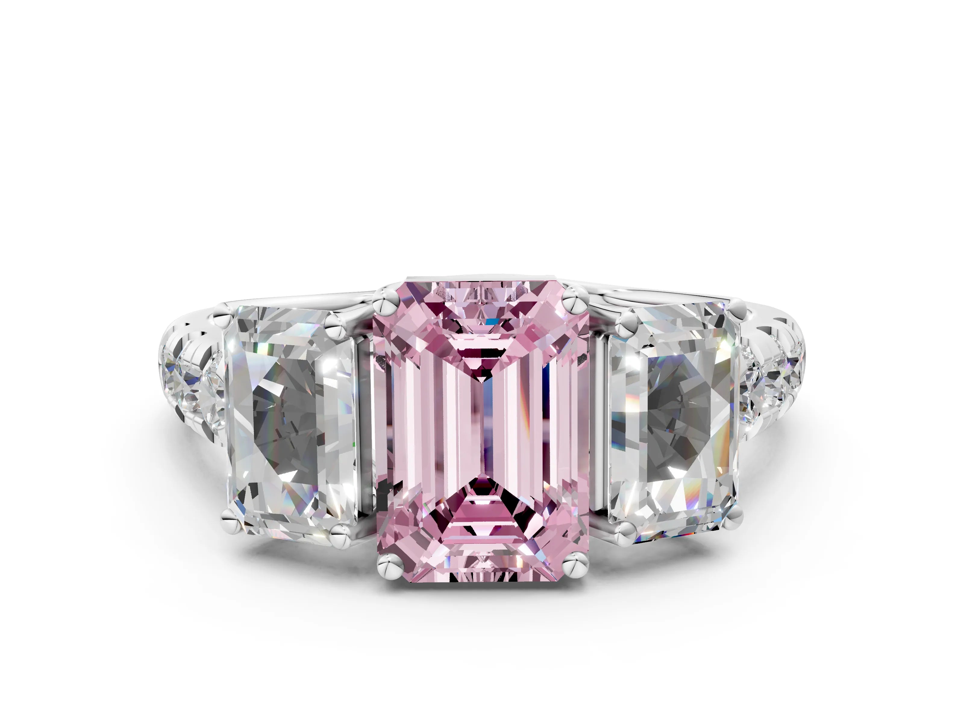 White gold Three-Stone Fancy Pink Emerald Cut Diamond Pavé Band with Prong Setting