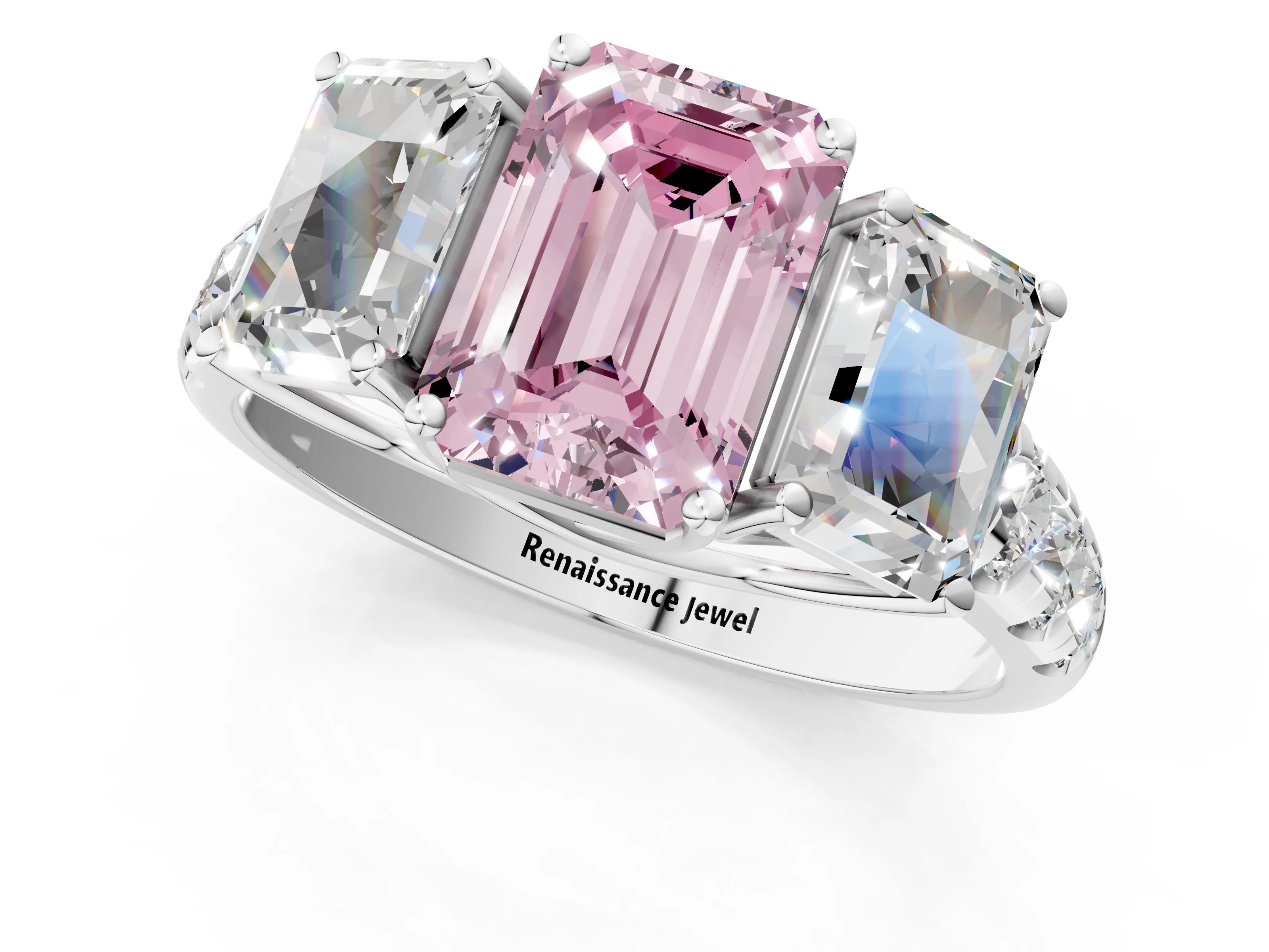 White gold Three-Stone Fancy Pink Emerald Cut Diamond Pavé Band with Prong Setting_13