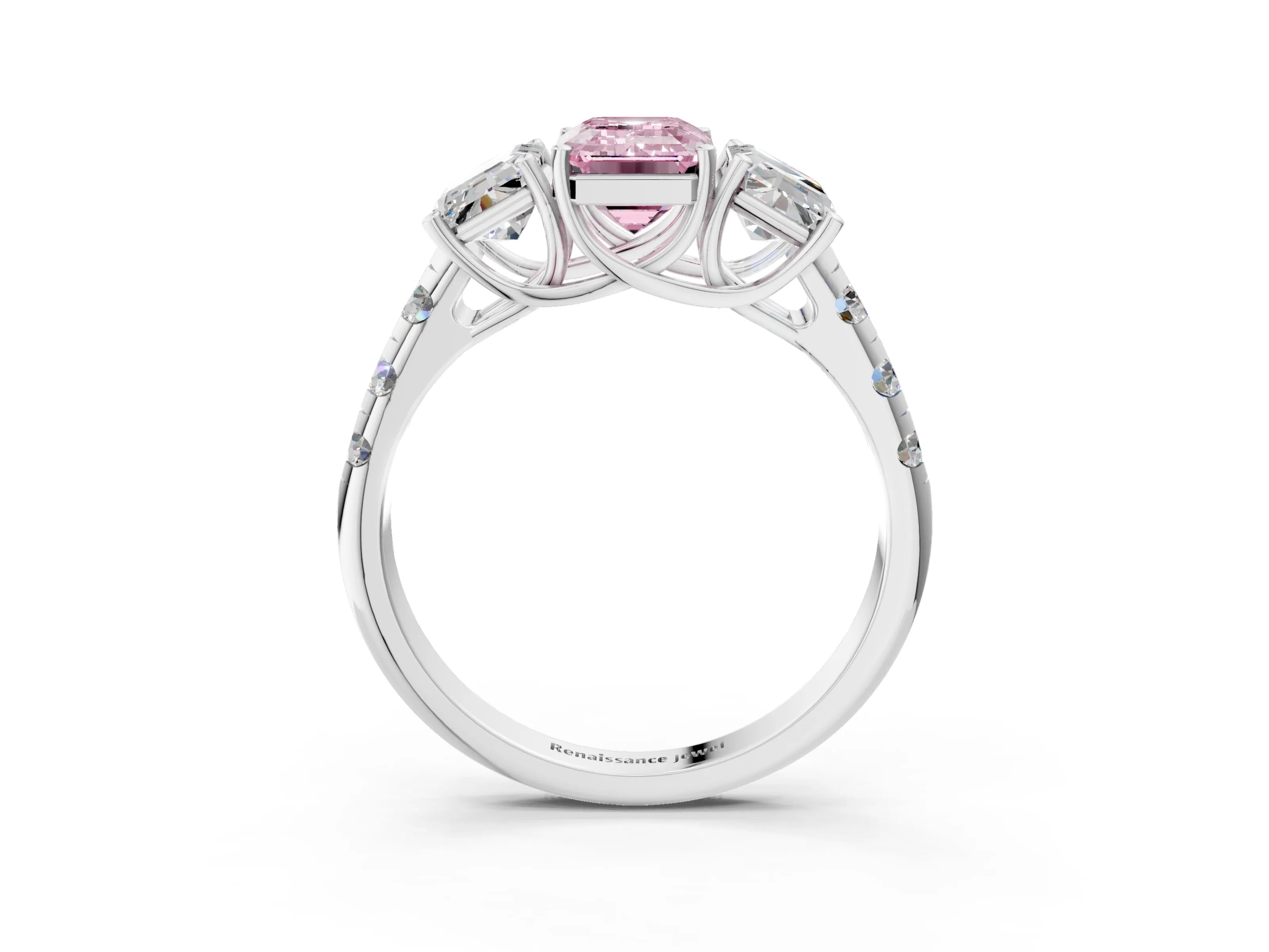 White gold Three-Stone Fancy Pink Emerald Cut Diamond Pavé Band with Prong Setting_15