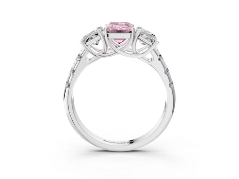 White gold Three-Stone Fancy Pink Emerald Cut Diamond Pavé Band with Prong Setting_15