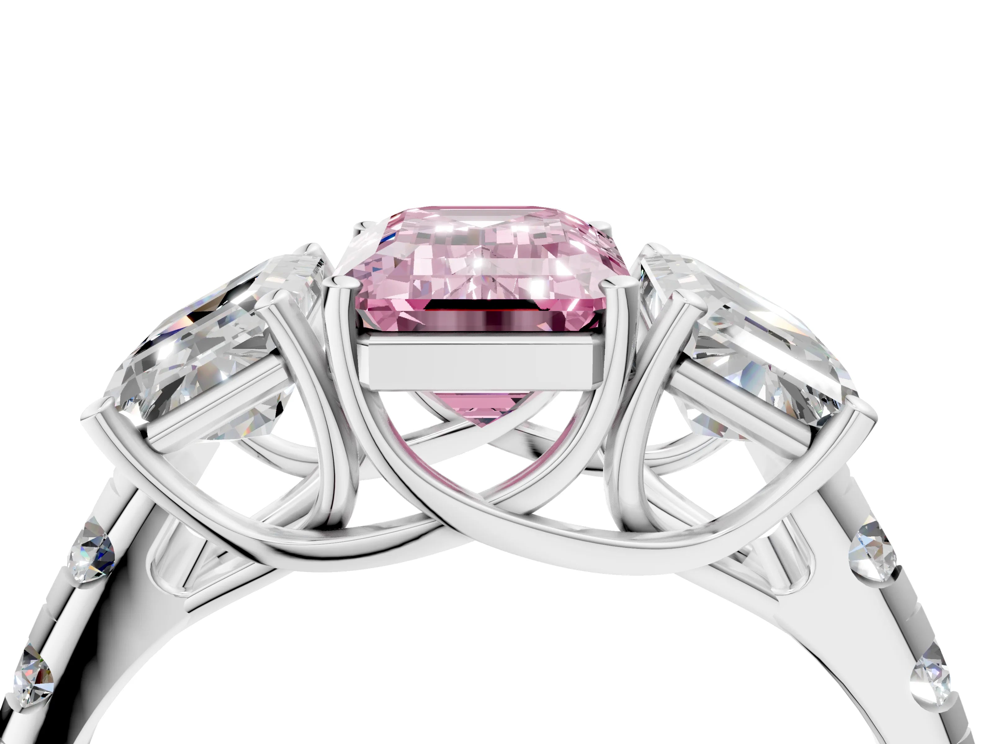 White gold Three-Stone Fancy Pink Emerald Cut Diamond Pavé Band with Prong Setting_16