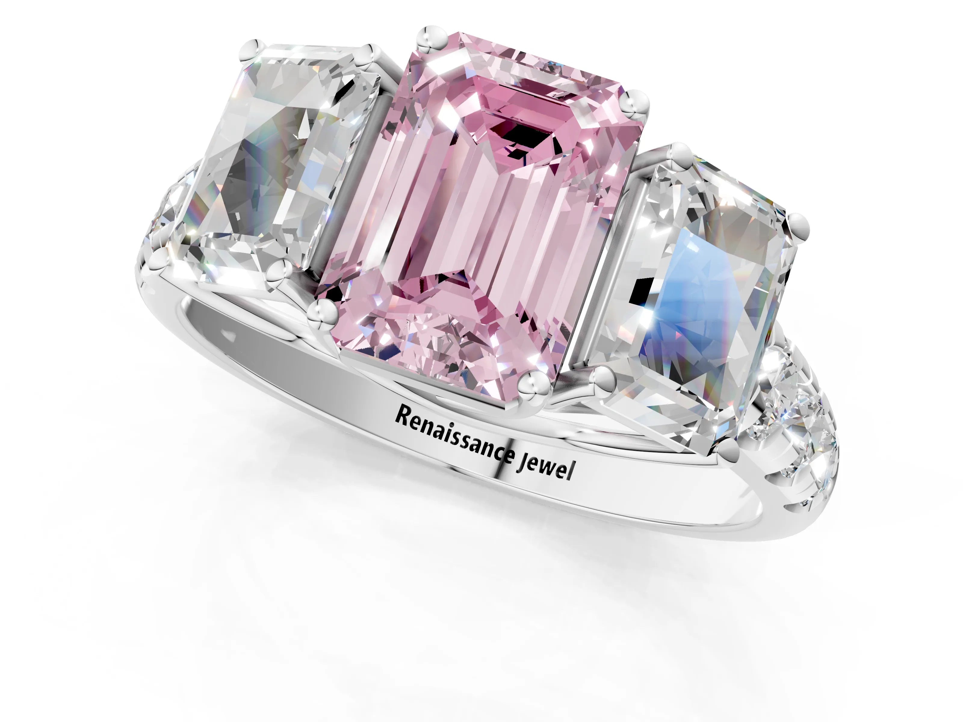 White gold Three-Stone Fancy Pink Emerald Cut Diamond Pavé Band with Prong Setting_1