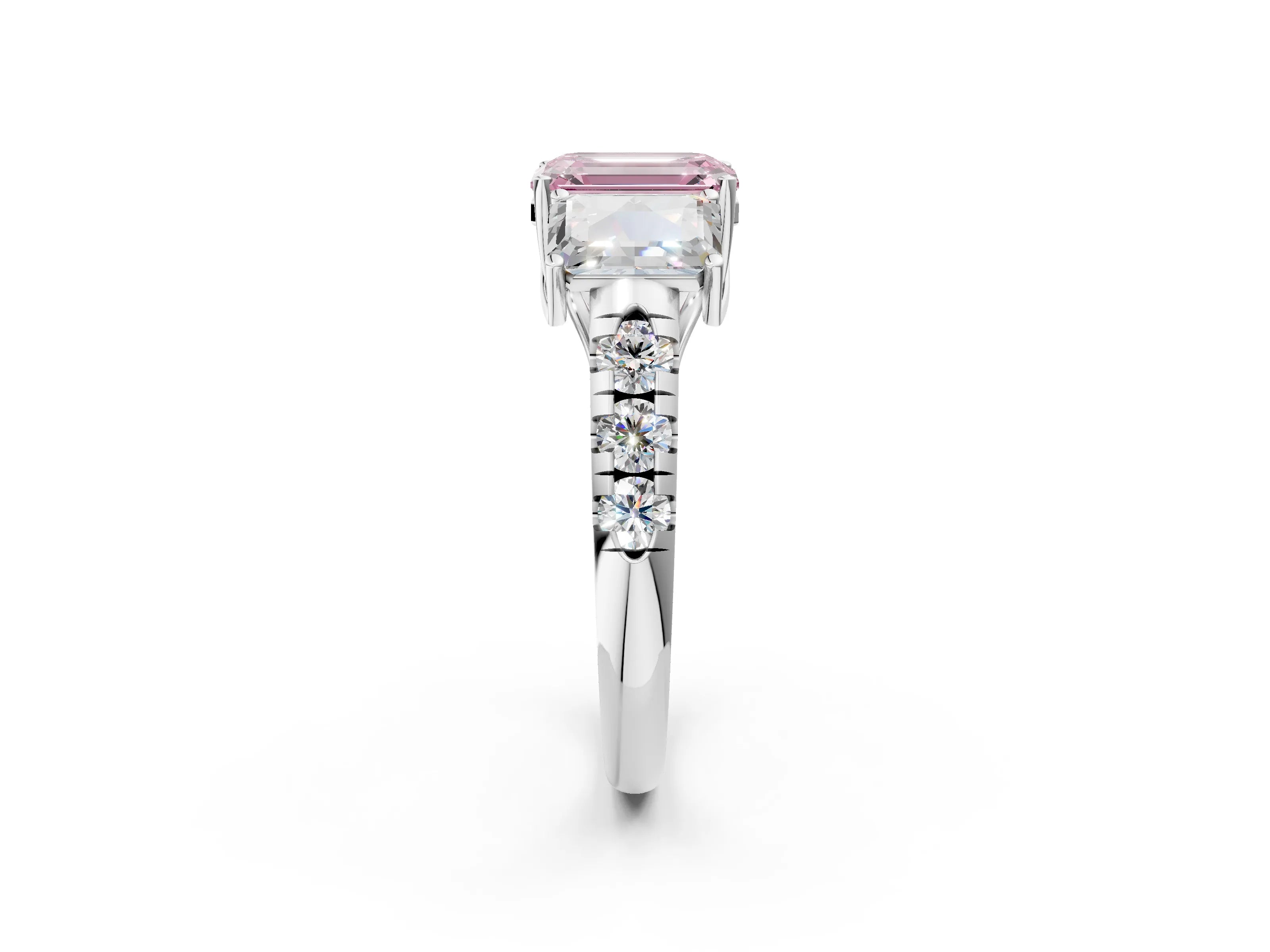 White gold Three-Stone Fancy Pink Emerald Cut Diamond Pavé Band with Prong Setting_2