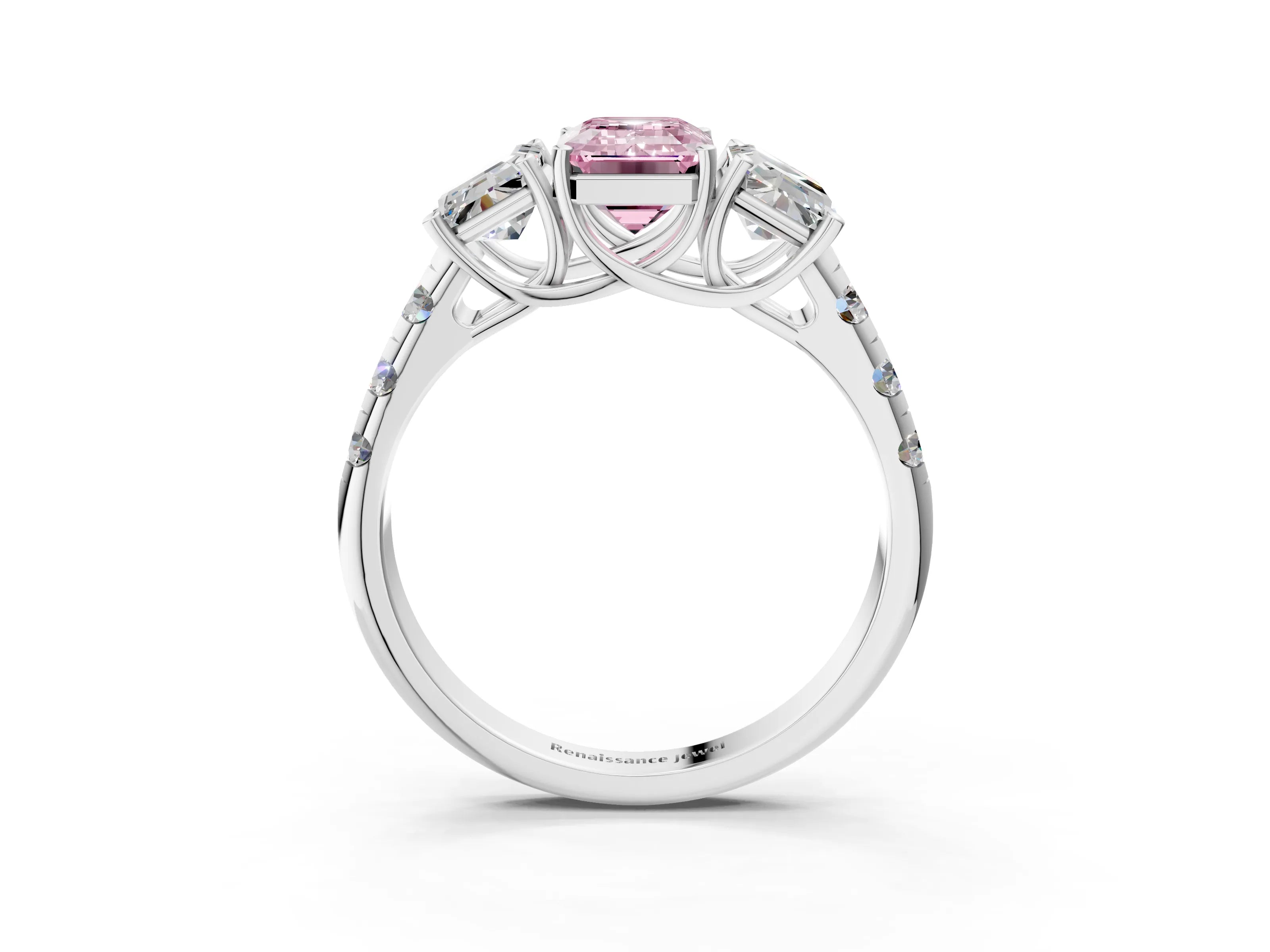 White gold Three-Stone Fancy Pink Emerald Cut Diamond Pavé Band with Prong Setting_3