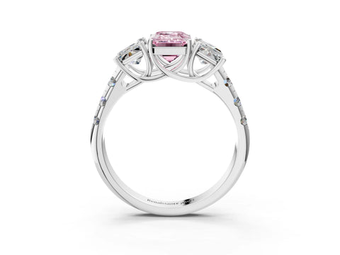 White gold Three-Stone Fancy Pink Emerald Cut Diamond Pavé Band with Prong Setting_3