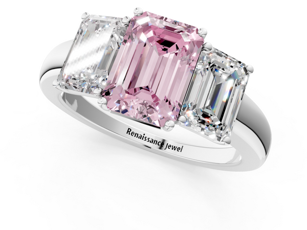 Platinum Fancy Pink Emerald Cut Diamond Three-Stone Ring with Four-Prong Setting and Classic Band