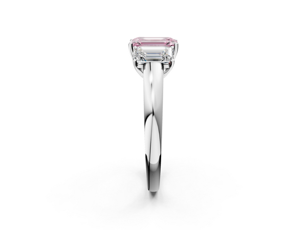 Platinum Fancy Pink Emerald Cut Diamond Three-Stone Ring with Four-Prong Setting and Classic Band