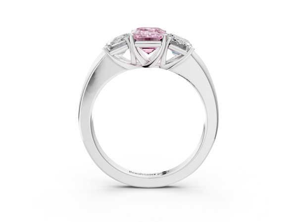 Platinum Fancy Pink Emerald Cut Diamond Three-Stone Ring with Four-Prong Setting and Classic Band