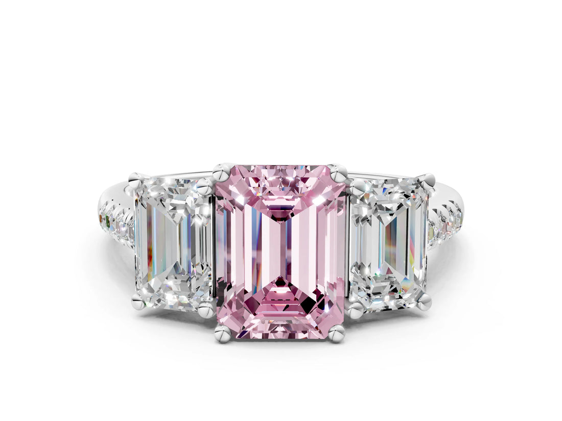 White gold Three-Stone Fancy Pink Emerald Cut Diamond Ring with Pavé Band and Prong Setting_137