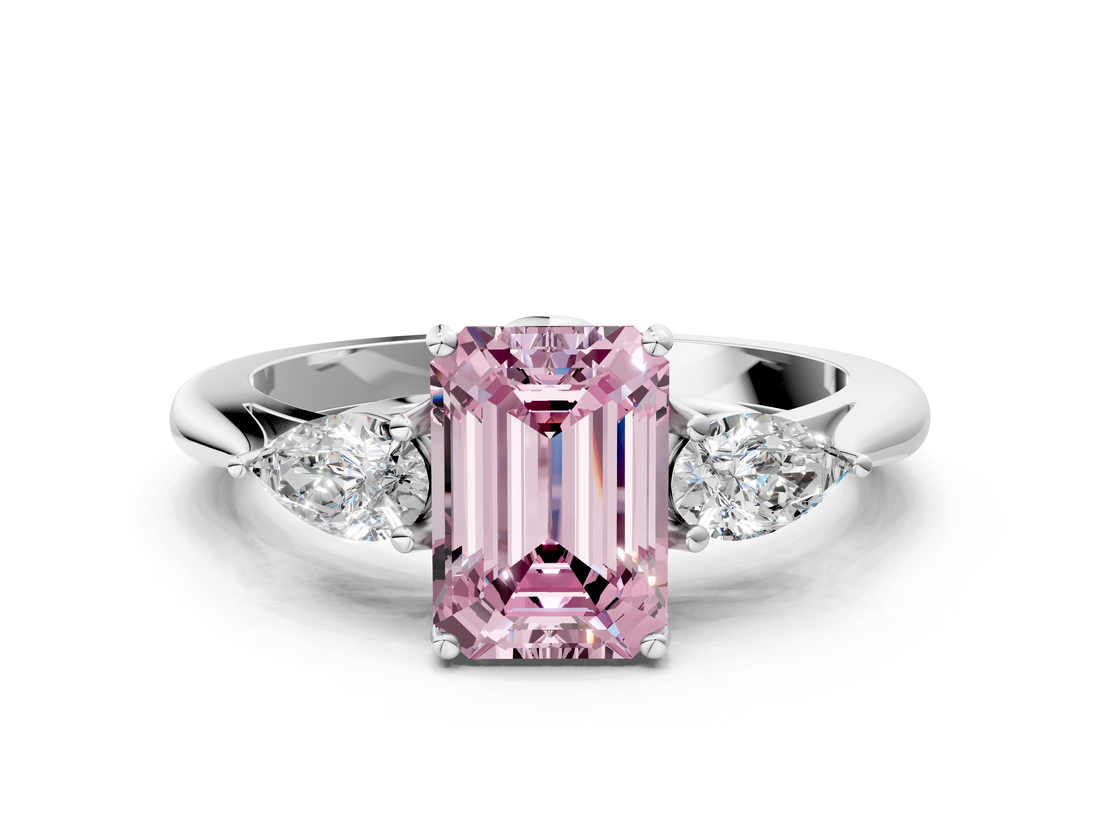 White gold Three-Stone Fancy Pink Emerald  Cut Diamond Ring with Pear Side Stones in Four-Prong Setting_126