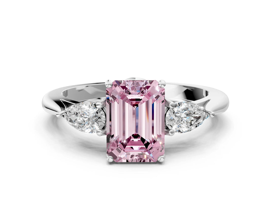 White gold Three-Stone Fancy Pink Emerald Cut Diamond Ring with Pear  Side Stones in Four-Prong Setting_48