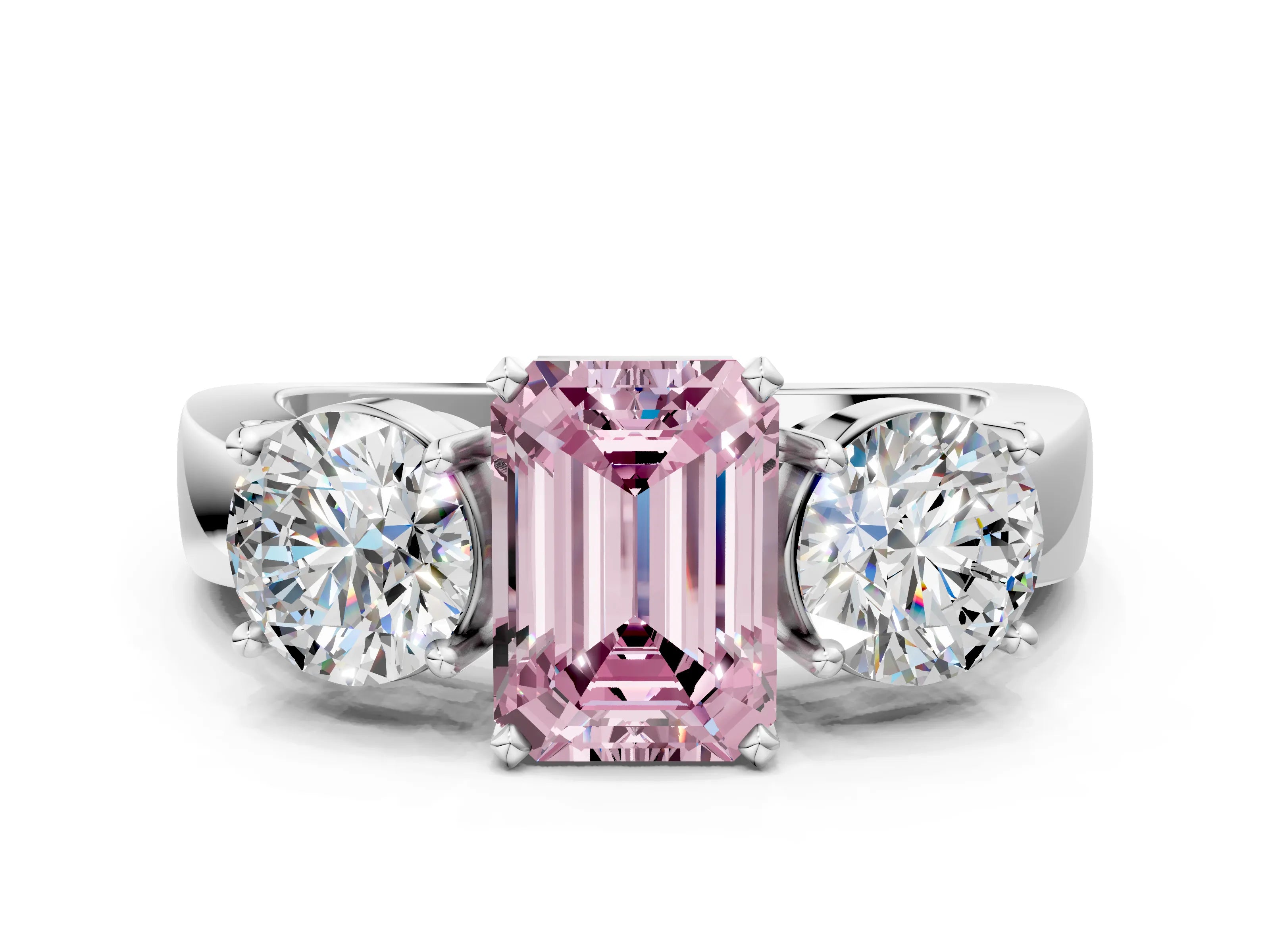 White gold Three-Stone Fancy Pink Emerald Cut Diamond Ring with Round Side Stones, Classic Band, and Four-Prong Setting