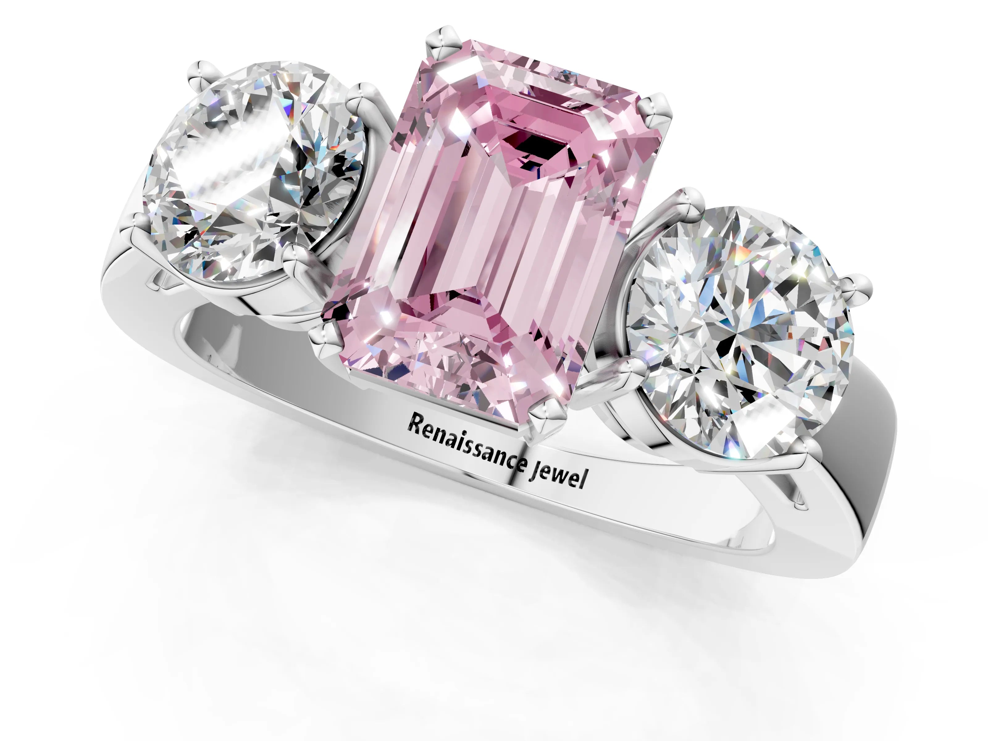 White gold Three-Stone Fancy Pink Emerald Cut Diamond Ring with Round Side Stones, Classic Band, and Four-Prong Setting_1