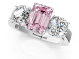 White gold Three-Stone Fancy Pink Emerald Cut Diamond Ring with Round Side Stones, Classic Band, and Four-Prong Setting_1