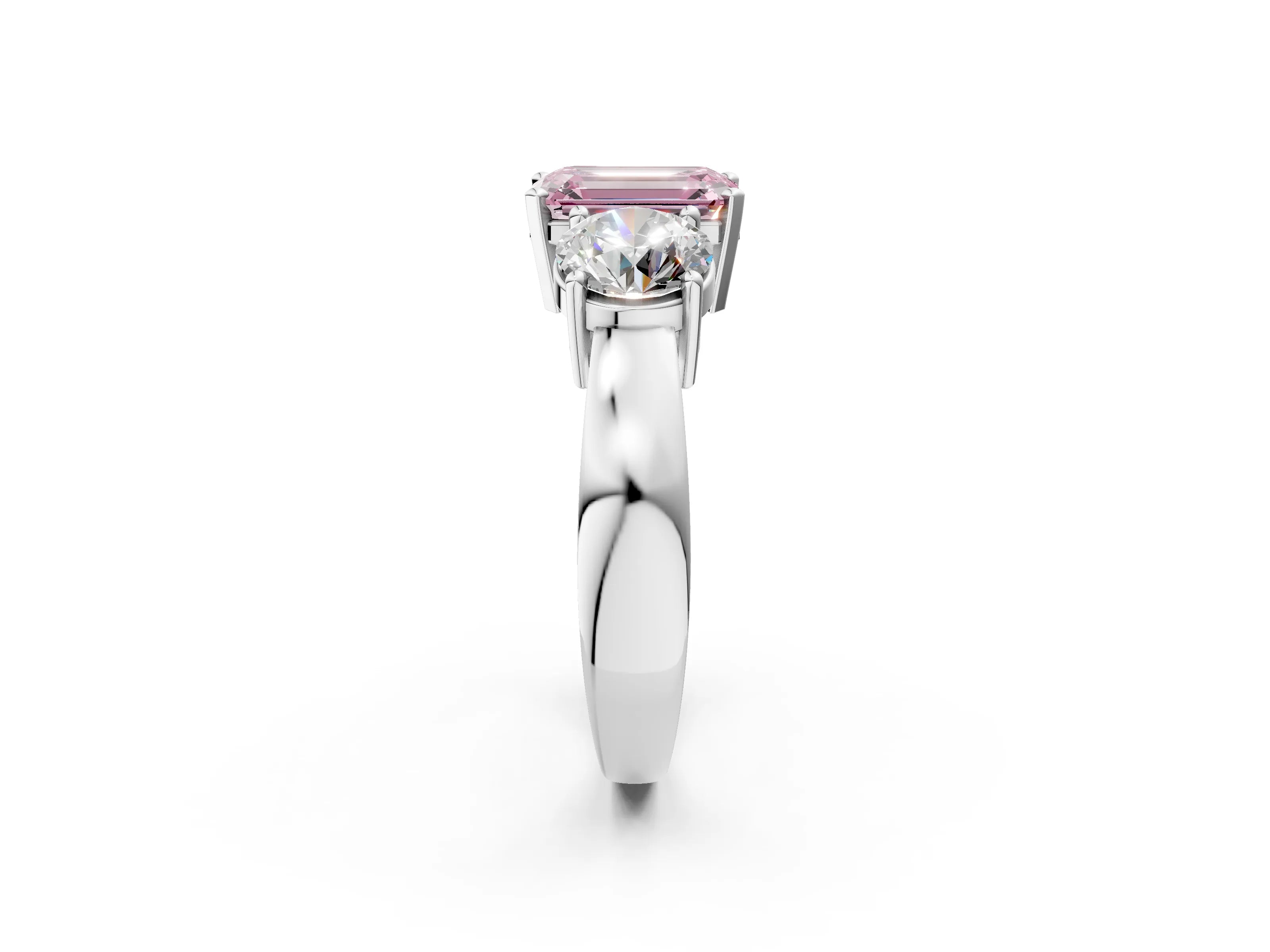 White gold Three-Stone Fancy Pink Emerald Cut Diamond Ring with Round Side Stones, Classic Band, and Four-Prong Setting_2