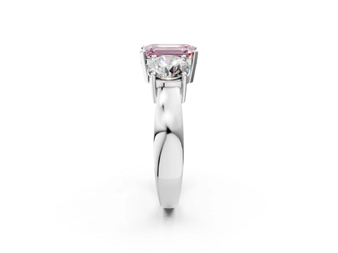 White gold Three-Stone Fancy Pink Emerald Cut Diamond Ring with Round Side Stones, Classic Band, and Four-Prong Setting_2