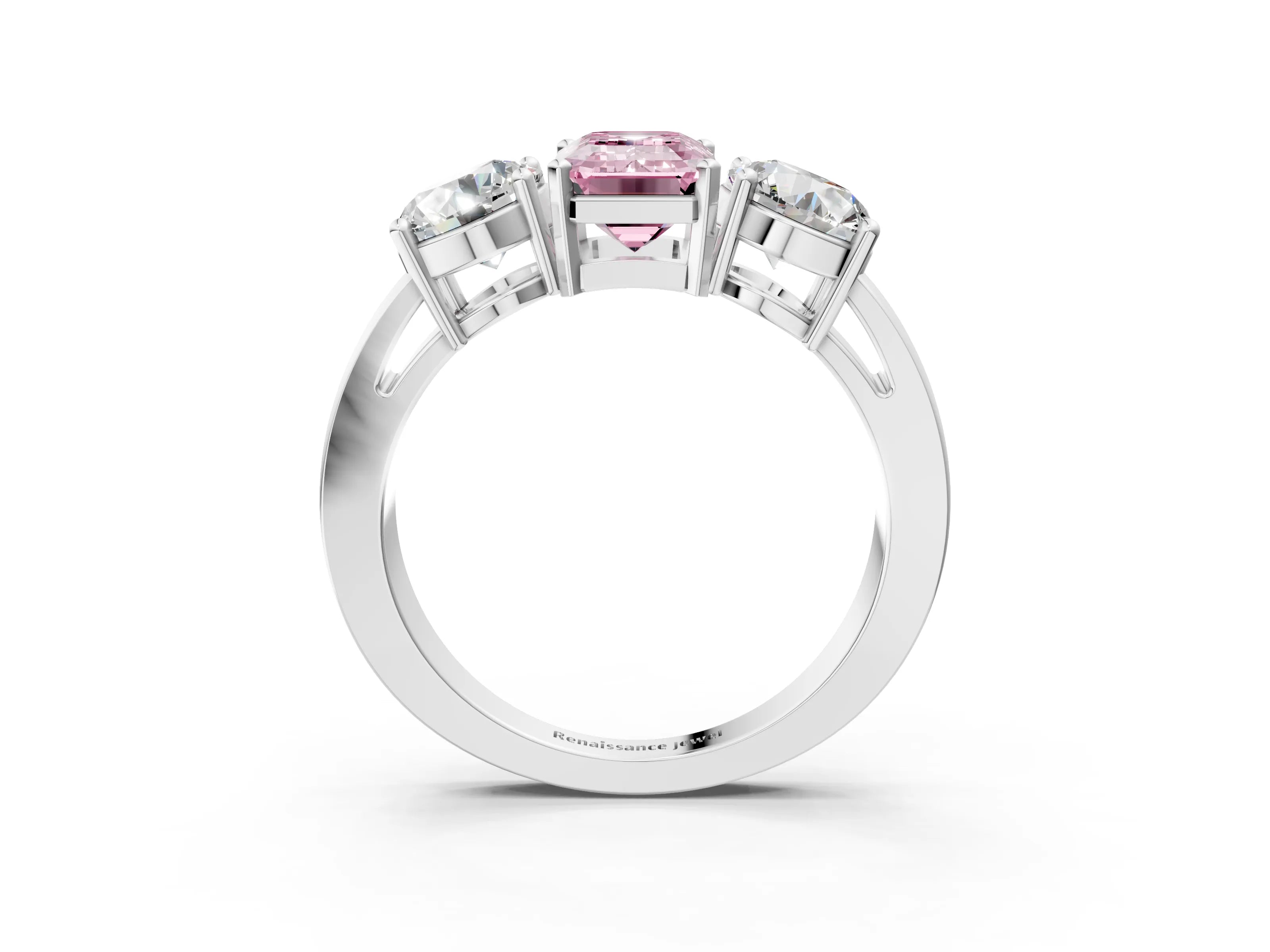 White gold Three-Stone Fancy Pink Emerald Cut Diamond Ring with Round Side Stones, Classic Band, and Four-Prong Setting_3