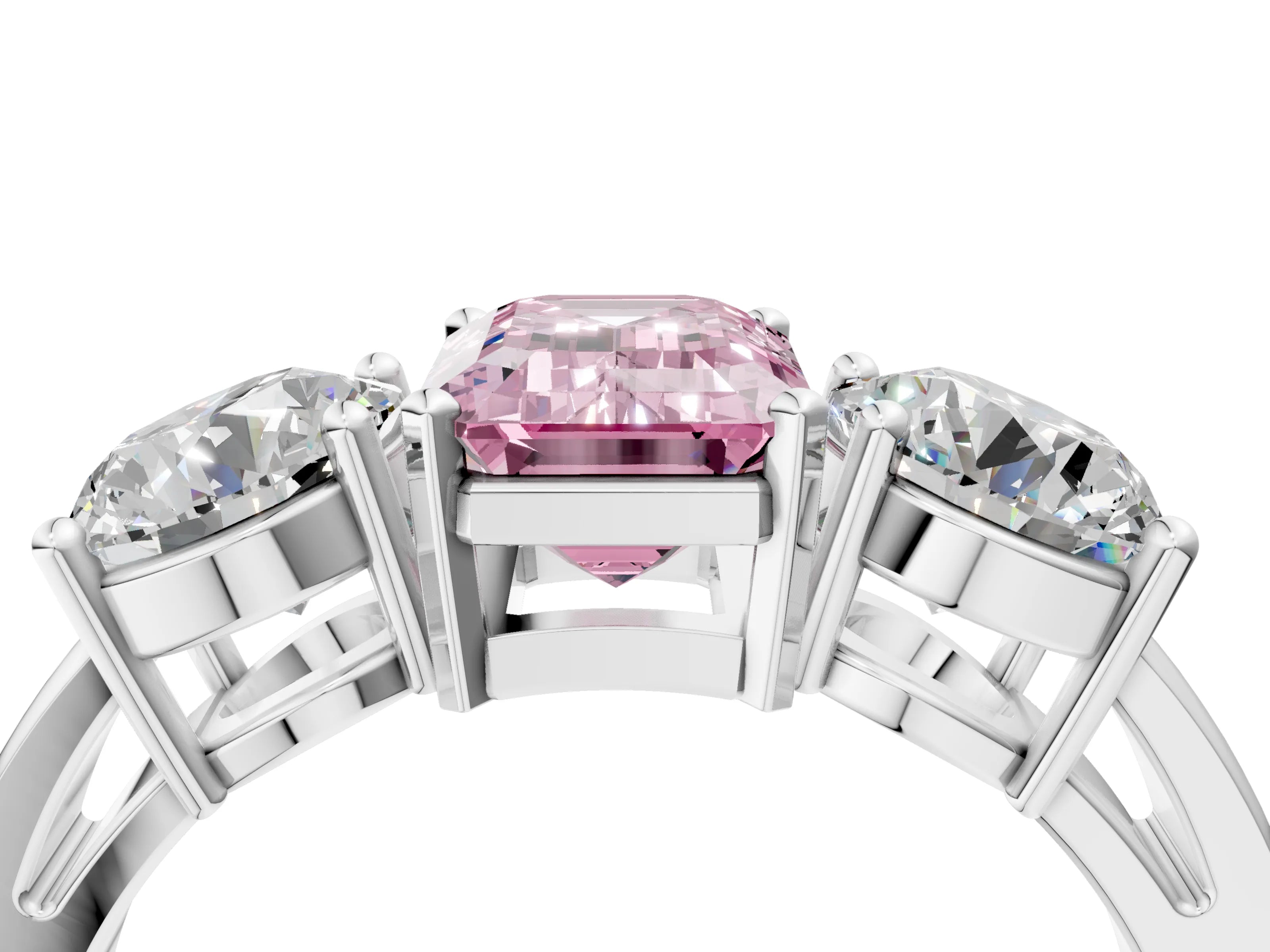 White gold Three-Stone Fancy Pink Emerald Cut Diamond Ring with Round Side Stones, Classic Band, and Four-Prong Setting_4