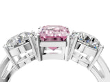 White gold Three-Stone Fancy Pink Emerald Cut Diamond Ring with Round Side Stones, Classic Band, and Four-Prong Setting_4