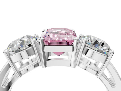 White gold Three-Stone Fancy Pink Emerald Cut Diamond Ring with Round Side Stones, Classic Band, and Four-Prong Setting_4