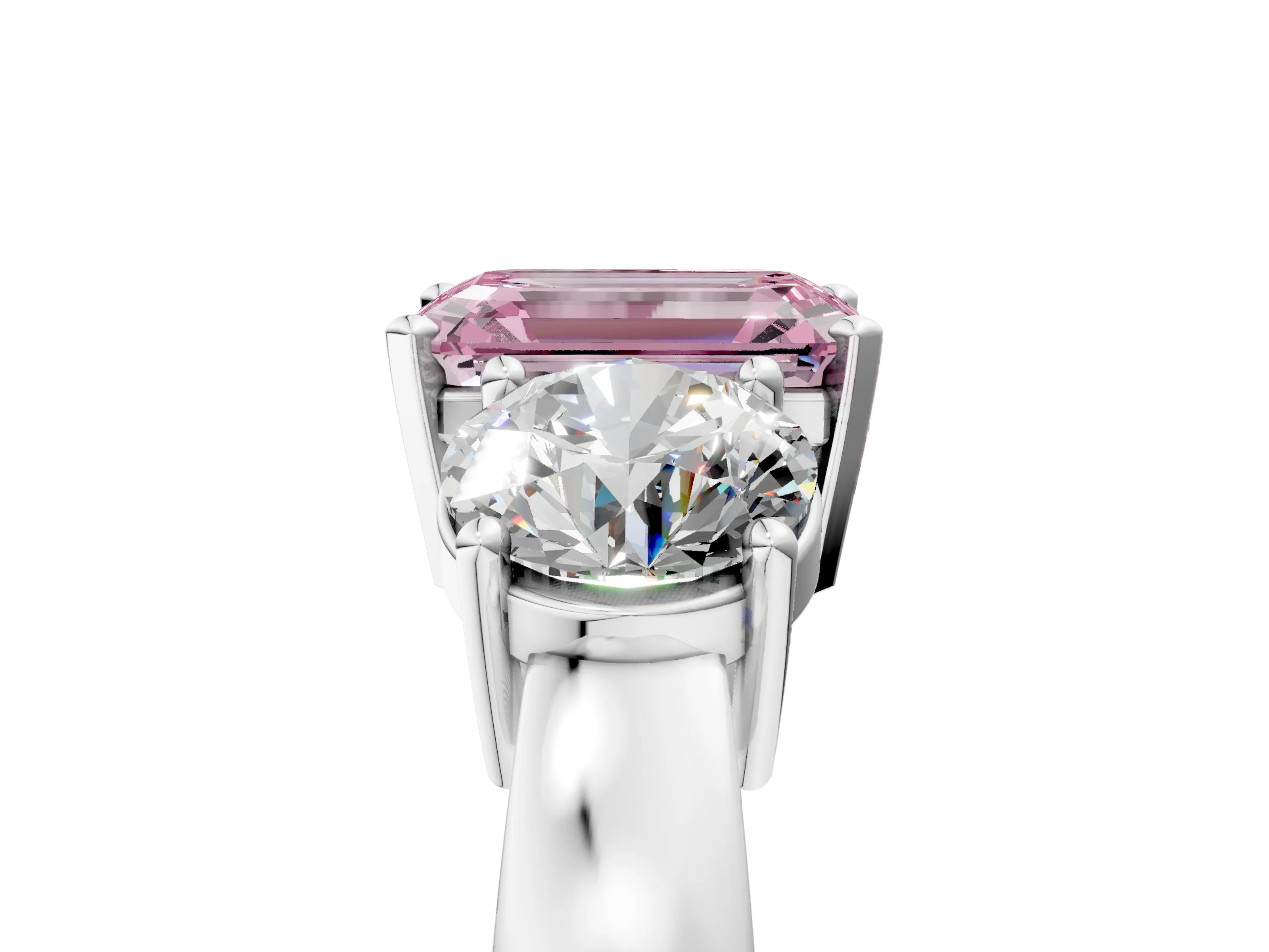 White gold Three-Stone Fancy Pink Emerald Cut Diamond Ring with Round Side Stones, Classic Band, and Four-Prong Setting_5