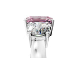 White gold Three-Stone Fancy Pink Emerald Cut Diamond Ring with Round Side Stones, Classic Band, and Four-Prong Setting_5