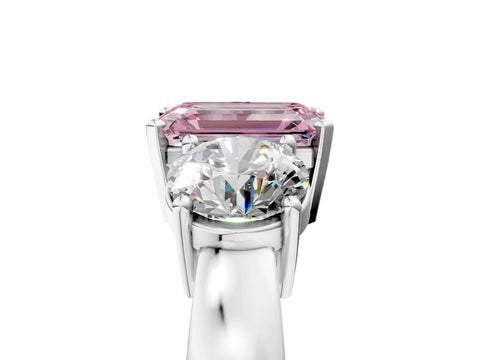 White gold Three-Stone Fancy Pink Emerald Cut Diamond Ring with Round Side Stones, Classic Band, and Four-Prong Setting_5
