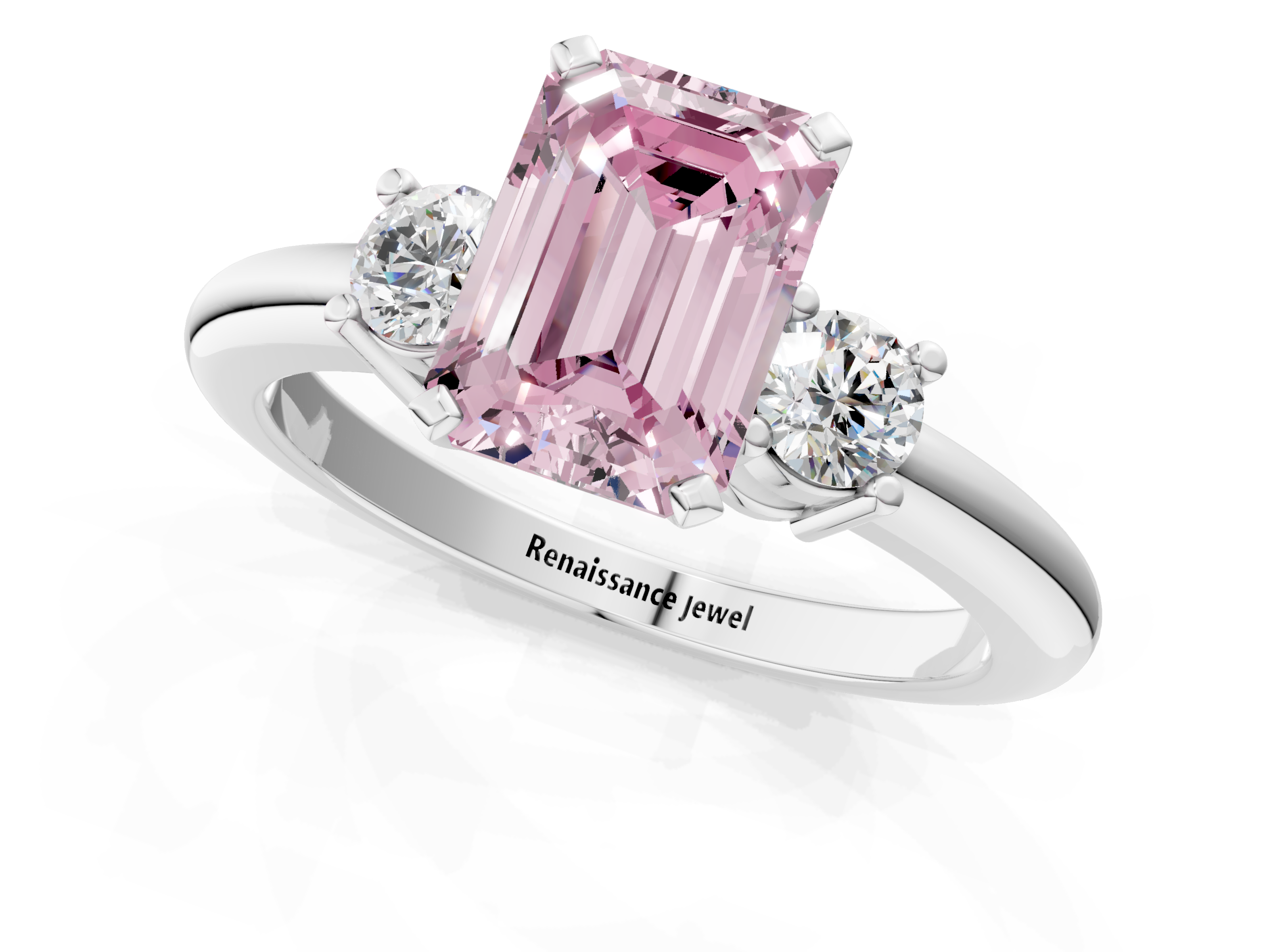 White gold Three-Stone Fancy Pink Emerald  Cut Diamond Solitaire with Prong Setting and Classic Band_28