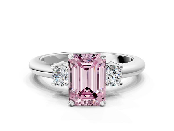 Platinum Three-Stone Fancy Pink Emerald  Cut Diamond Solitaire with Prong Setting and Classic Band