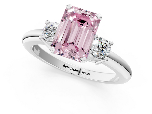 Platinum Three-Stone Fancy Pink Emerald  Cut Diamond Solitaire with Prong Setting and Classic Band