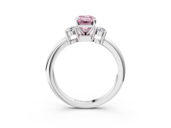 Platinum Three-Stone Fancy Pink Emerald  Cut Diamond Solitaire with Prong Setting and Classic Band