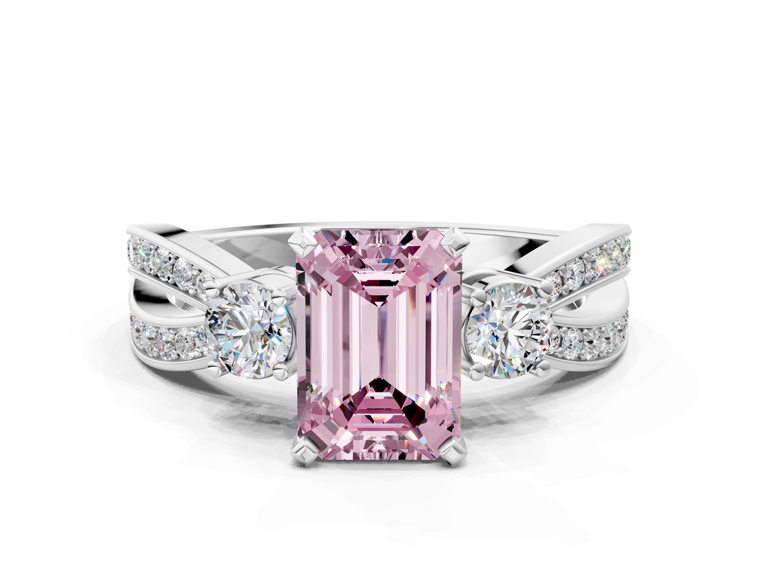 White gold Three-Stone Fancy Pink Emerald  Cut Diamond Twist Band with Prong Setting_50