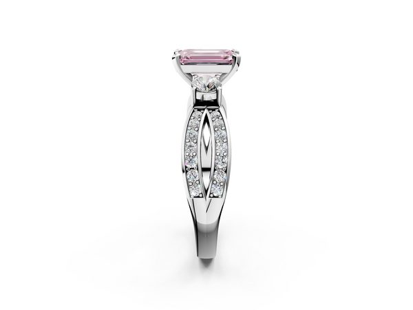 White gold Three-Stone Fancy Pink Emerald  Cut Diamond Twist Band with Prong Setting