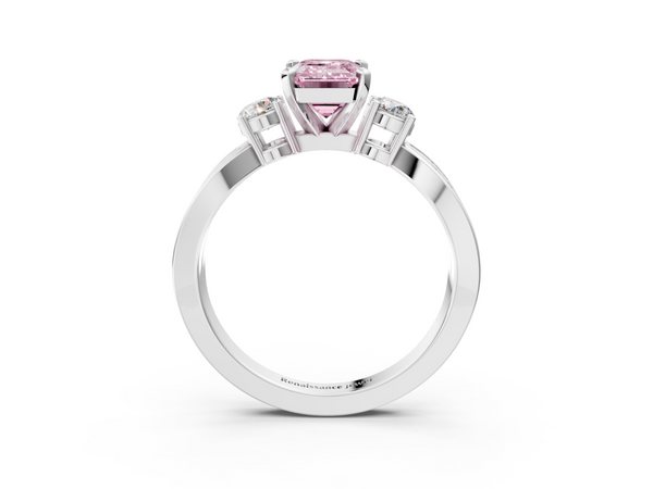 White gold Three-Stone Fancy Pink Emerald  Cut Diamond Twist Band with Prong Setting