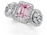 White gold Three-Stone Fancy Pink Emerald Cut Halo Diamond Milgrain Band with Four-Prong Setting_1
