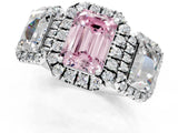 White gold Three-Stone Fancy Pink Emerald Cut Halo Diamond Ring with Pave Band and Four-Prong Setting_1