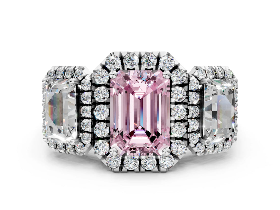 White gold Three-Stone Fancy Pink Emerald Cut Halo Diamond Ring with Pave Band and Four-Prong Setting