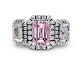 White gold Three-Stone Fancy Pink Emerald Cut Halo Diamond Ring with Pave Band and Four-Prong Setting