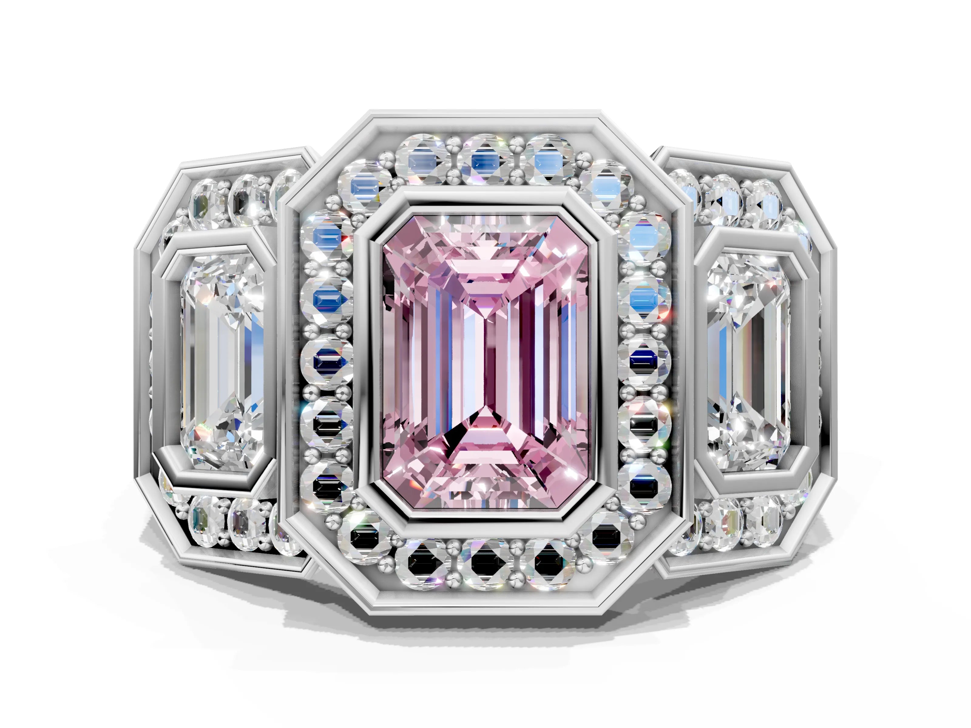 White gold Three-Stone Fancy Pink Emerald Cut Halo Pavé Diamond Ring