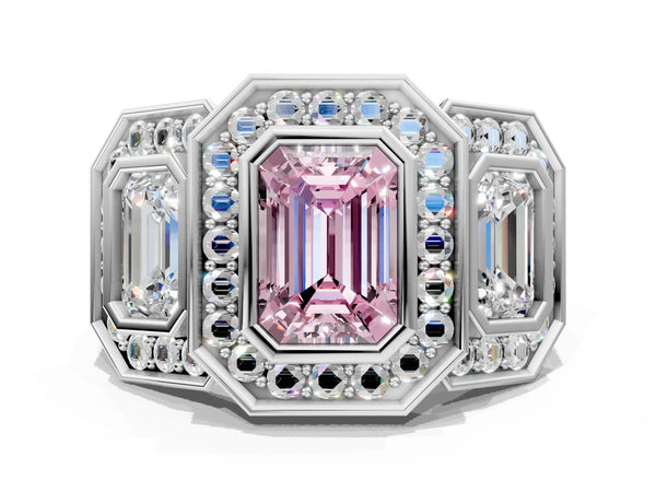Platinum Three-Stone Fancy Pink Emerald Cut Halo Pavé Diamond Ring