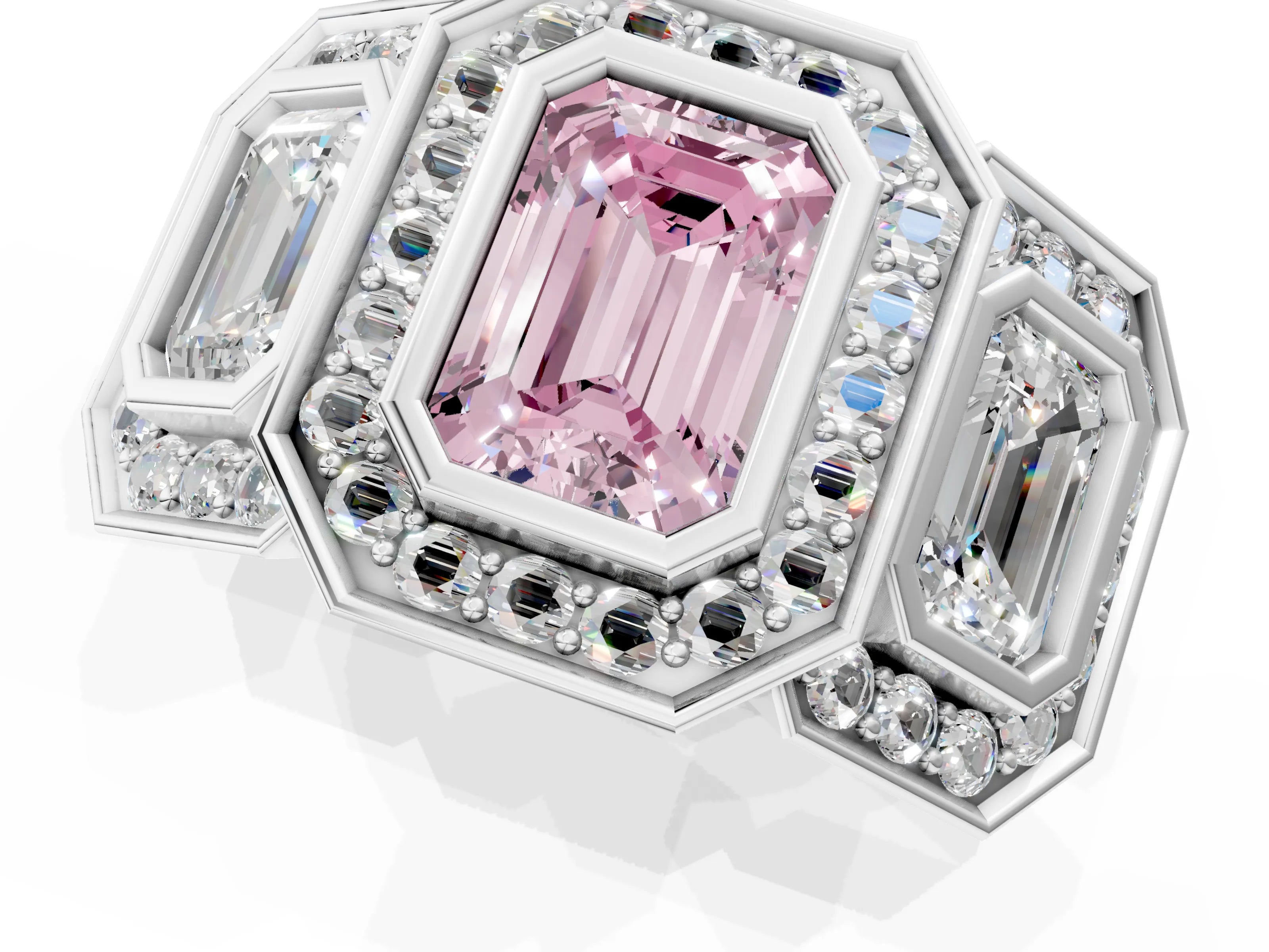 White gold Three-Stone Fancy Pink Emerald Cut Halo Pavé Diamond Ring_1