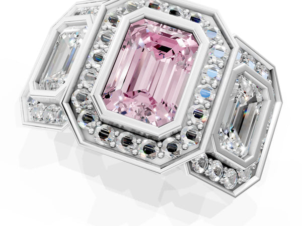 Platinum Three-Stone Fancy Pink Emerald Cut Halo Pavé Diamond Ring