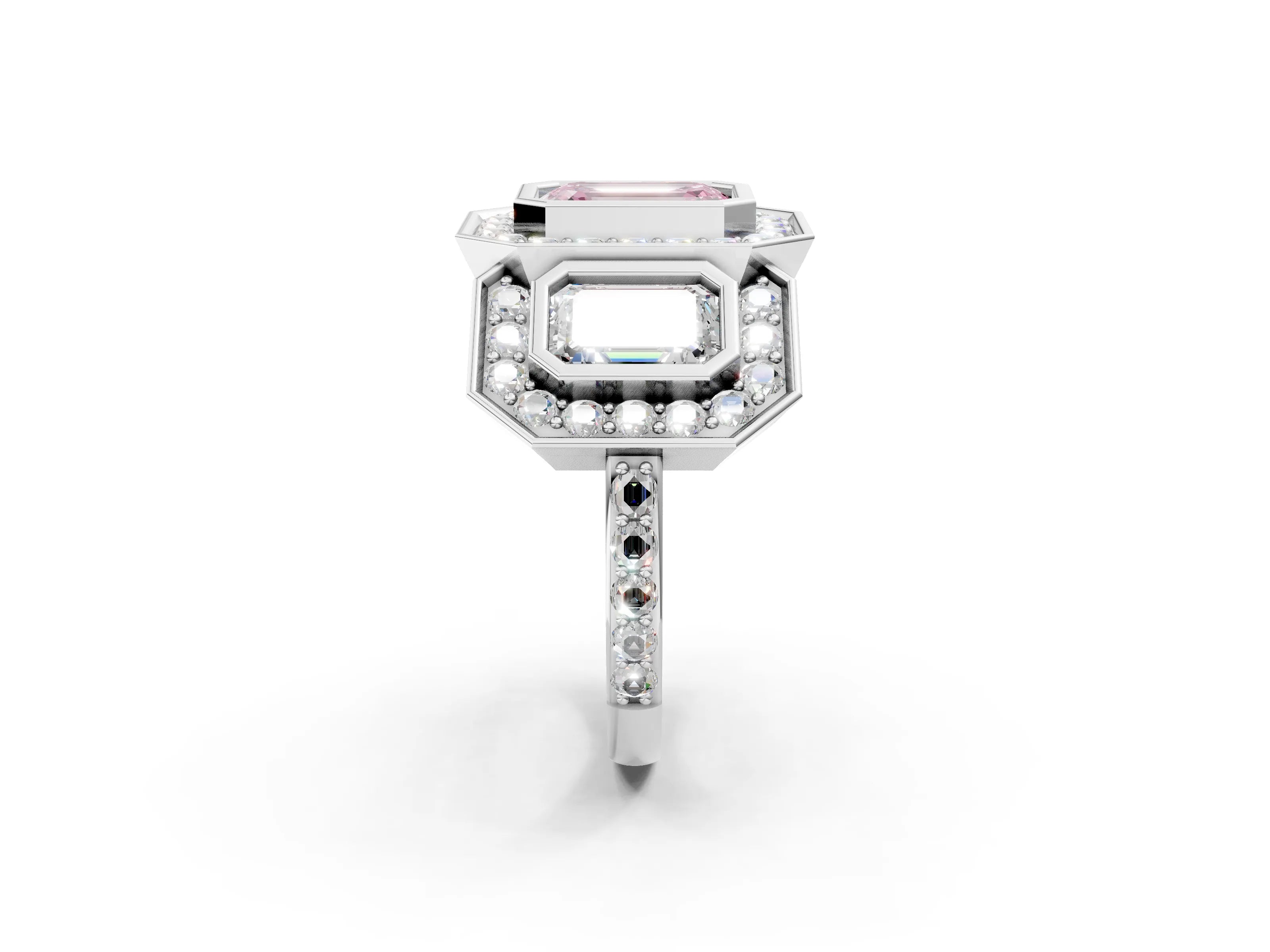 White gold Three-Stone Fancy Pink Emerald Cut Halo Pavé Diamond Ring_2