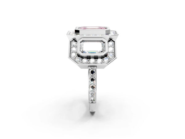 Platinum Three-Stone Fancy Pink Emerald Cut Halo Pavé Diamond Ring
